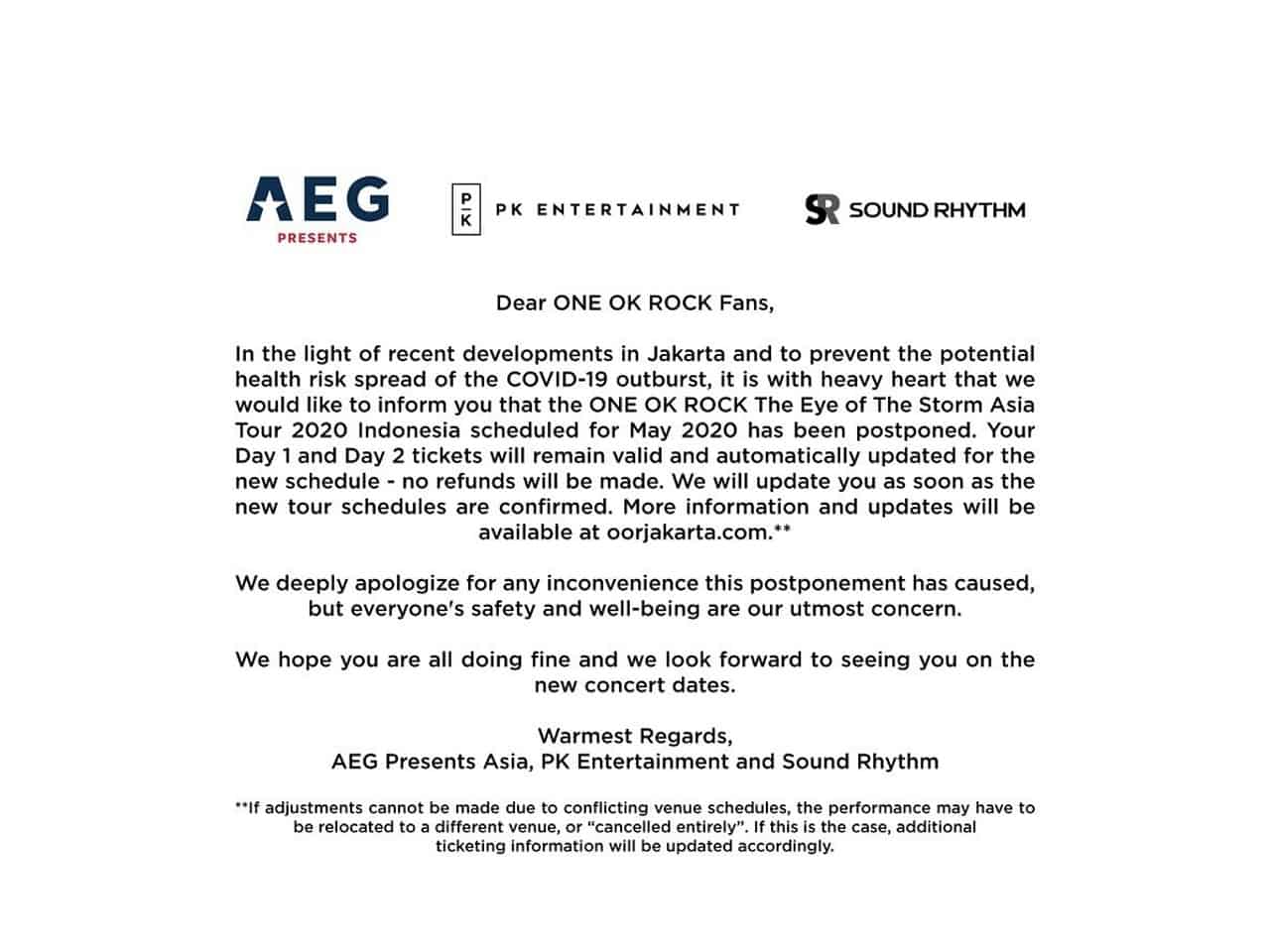 Prevent Spread of Coronavirus, ONE OK ROCK Concert in Jakarta Postponed